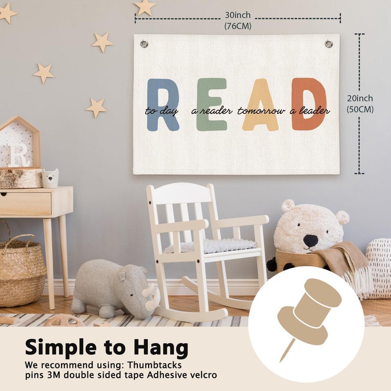 ETVISO Boho Neutral READ Reading Room Decor - Linen Banner Wall Hanging Canvas Banner Flag Decor for Kids Nursery Toddler Reading Corner Nook Classroom Library - Image 2